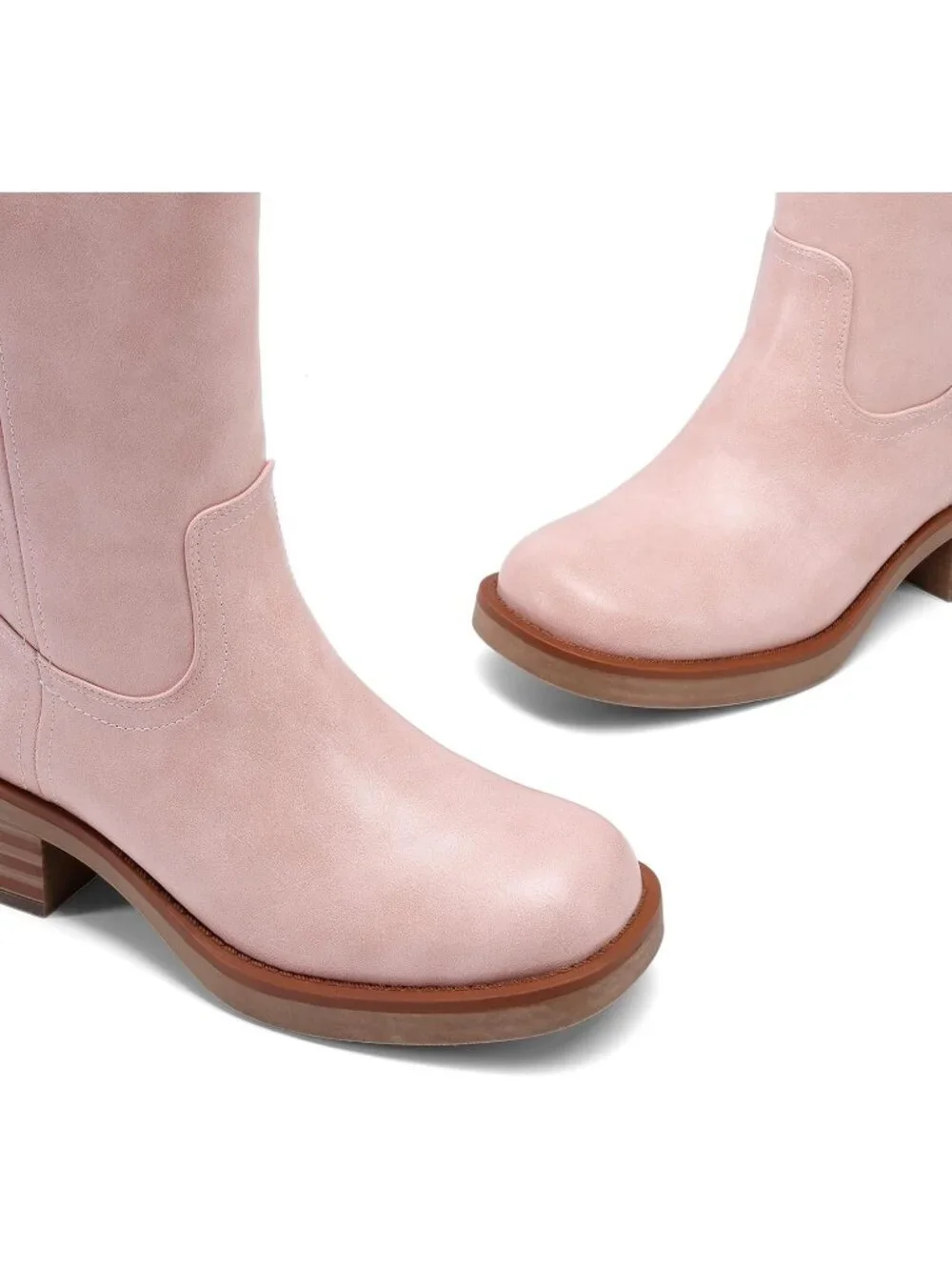 Women's Pink Faux Leather Square Toe Chunky Block Heel Knee High Riding Boots